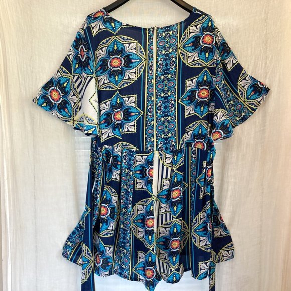 Boho Geometric Print Romper Flare Sleeve Short Jumpsuit Blue Red Turquoise Sz M - Picture 3 of 9